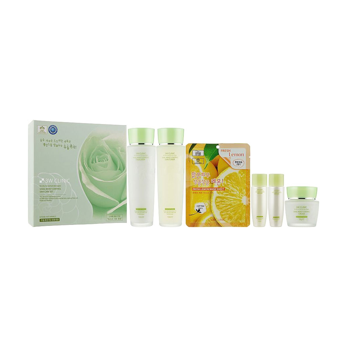 Набір для зволоження обличчя 3W Clinic Snail Moist Control Skin Care 3 Set з муцином равлика, 6 предметів